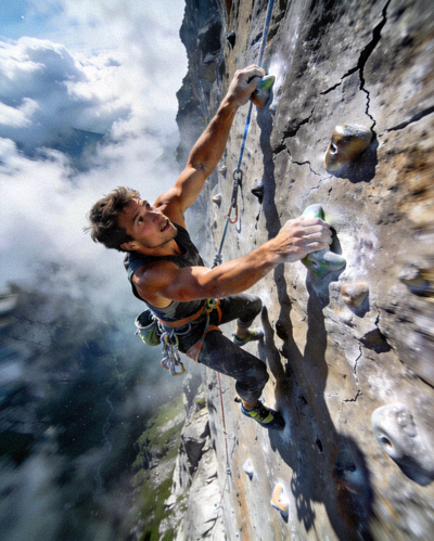 登山运动员攀登陡峭岩壁的惊险瞬间 - 专业攀岩运动展示